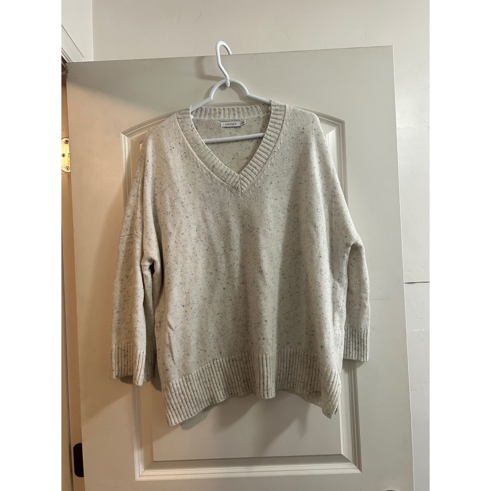 Mersea Montauk Ivory Speckle V Neck Knit Long Sleeve Women's Sweater